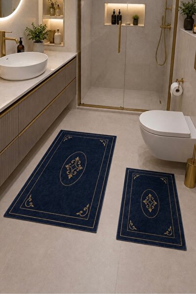 ÇELEBİ HOME TEKSTİL Royal Gold Lacivert Makinede Yıkanabilir Kaymaz Taban 2’l...