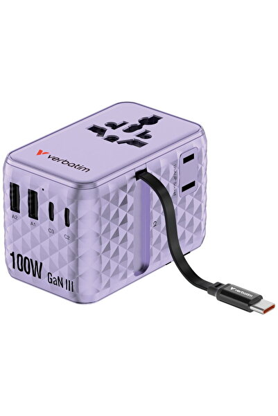 Verbatim Adaptor de călătorie GaN, 100W, cablu retractabil USB-C PD 3.0 QC4+ ...