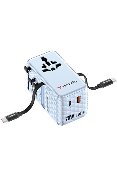 Verbatim Adaptor de călătorie GaN, 70W, 2 cabluri retractabile, USB-C PD 3.0 ...