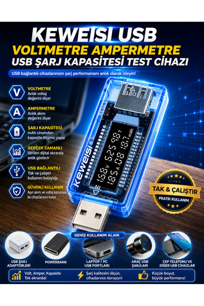 Unichrome Keweisi Usb Voltmetre Ampermetre Usb Şarj Kapasitesi Test Cihazı