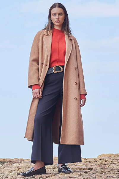 Kayra Premium Yün Reglan Kol Kuşaklı Kaban Camel