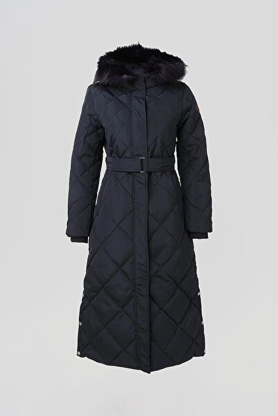 Kayra Diamond Patterned Faux Fur Goose down Coat Navy Blue