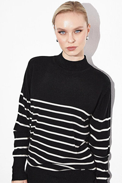 Kayra Turtleneck Striped Knitwear Sweater Black Optical White