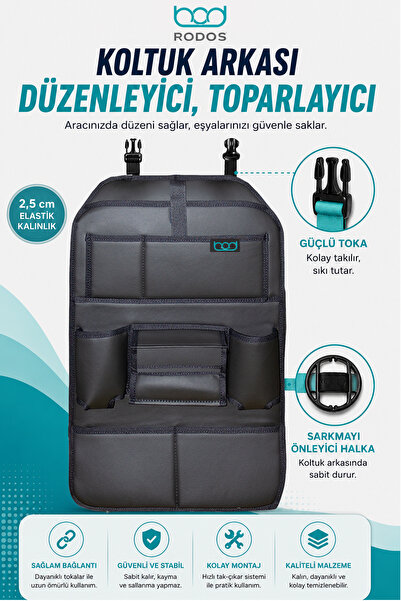 Bod Rodos Serisi Oto Koltuk Arkası Eşya Düzenleyici Araç Içi Organizer Deri Siyah