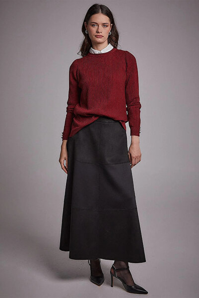 Kayra Crew Neck Corded Knitwear Blouse Claret Red
