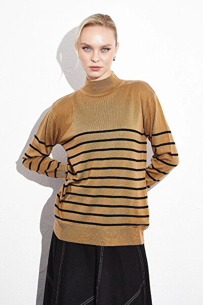 Kayra Turtleneck Striped Knitwear Sweater Beige Black