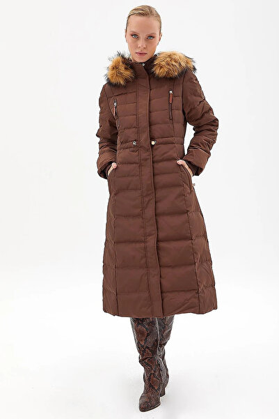 Kayra Goose Feather Filled Long Coat Dark Brown