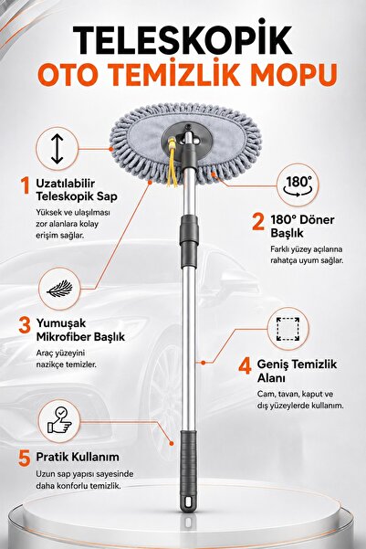 Fine Clean Gri Teleskopik Oto Temizlik Mopu Mikrofiber Başlık, Çizmez Yüzey, Araba Temzlik Fırçası (yedeksiz)
