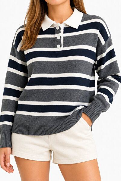 Abruzzo Anthracite Striped Polo Neck Buttoned Women's Knitwear Sweater