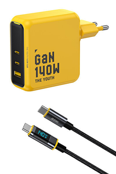 Aohi Youth 140W 3 Portlu Şarj Adaptörü, 140W LED Ekranlı Naylon Örgülü Süper ...