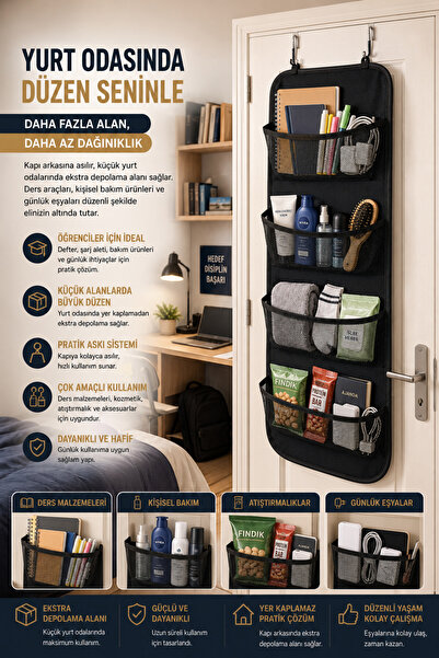 MultiTrendy Siyah Kapı Arkası Organizer 4 Cepli Dolap İçi Düzenleyici Yurt Od...