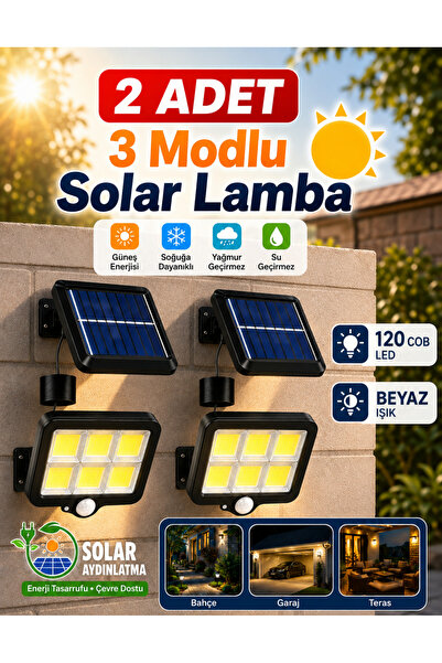Unichrome 2 Adet 120 Cob Led Solar Panel Güneş Enerjili 3 Mod Duvar Lambası B...
