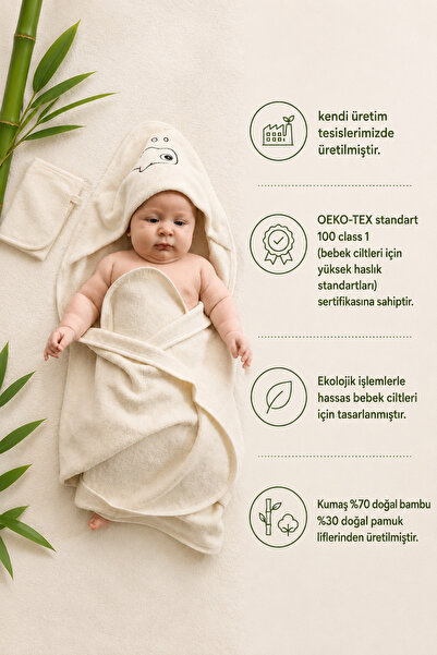 EIFIN Bambu Balık Nakışlı Bebek Havlu Kundak Ve Kese Seti