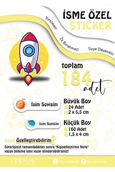 lin notebook İsme Özel Kalem Defter Okul Etiketi, Sudan Etkilenmez, Uzay Geze...