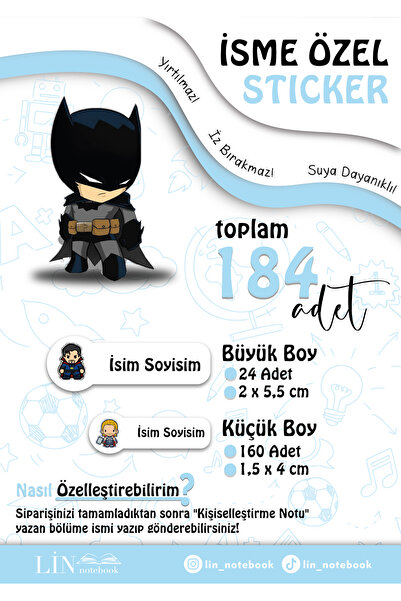 lin notebook İsme Özel Kalem Defter Okul Etiketi, Sudan Etkilenmez, Süper Kah...