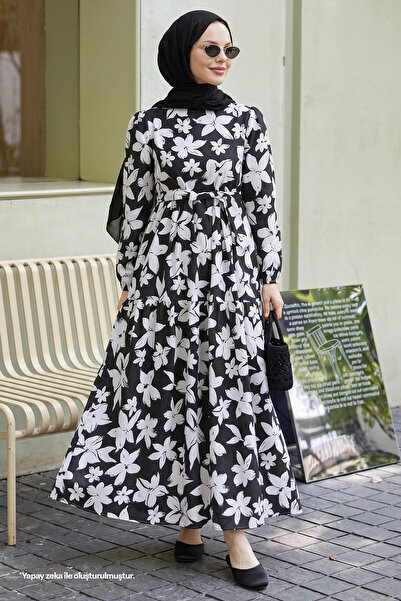 InStyle Bougainvillea Flower Pattern Belted Hijab Dress - Black
