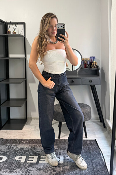 macharel jeans Toka Detaylı Koyu Mavi Bol Kesim Geniş Paça Rahat Baggy Jean P...