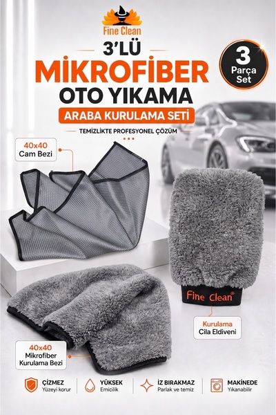 Fine Clean Set de 3 bucăți din microfibră pentru spălarea mașinilor, pentru u...
