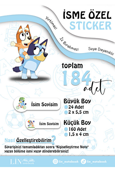 lin notebook İsme Özel Kalem Defter Okul Etiketi, Sudan Etkilenmez, Blue, 184...