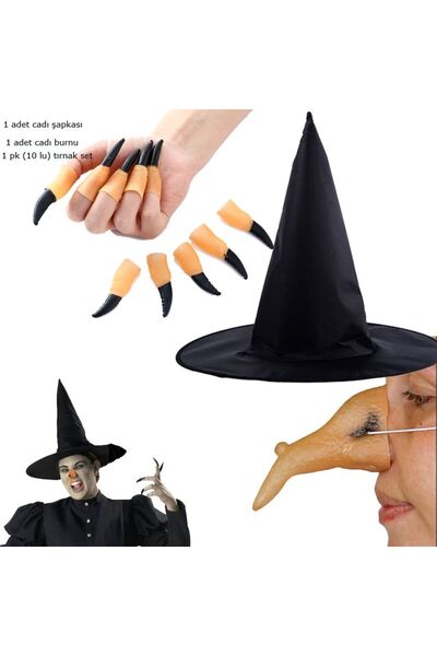 partidolu Halloween Siyah Renk Dralon Kumaş Cadı Şapkası Burnu ve Tırnağı 3 l...