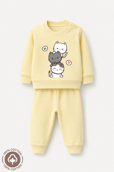 Miniel Baby Girl 3 Cat Printed 100% Cotton 6-9-12 Months Top and Bottom 2-Pie...