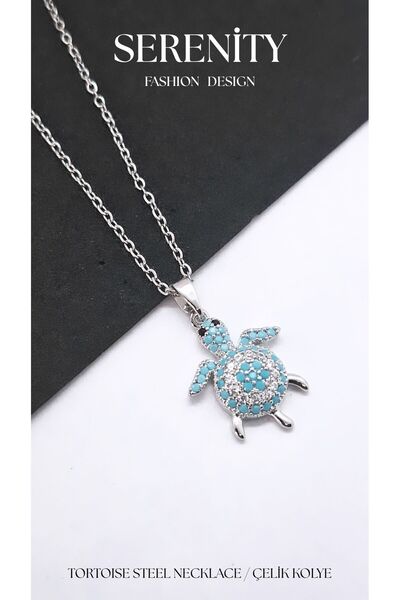 Serenity Turquoise White Zircon Stone Turtle Steel Necklace