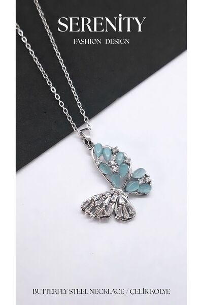 Serenity Turquoise White Zircon Stone Butterfly Steel Necklace