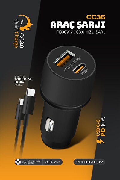 POWERWAY Cc36 Araç Içi Çakmaklık Hızlı Şarj Cihazı 30w Pd Qc 3.0 Type-c & Usb...