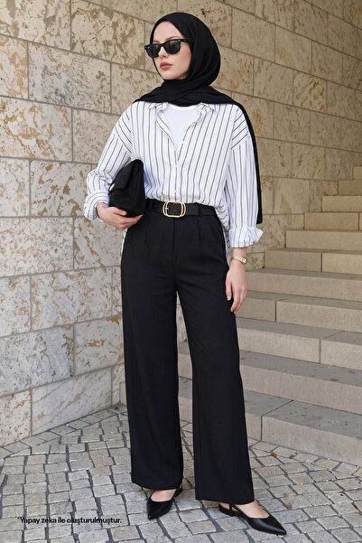 InStyle Ψηλόμεσο πλισέ μαύρο παντελόνι Palazzo