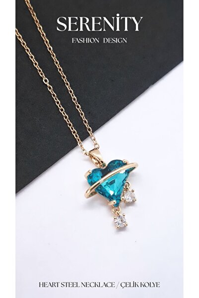Serenity Blue Heart Steel Necklace with Saturn Ring
