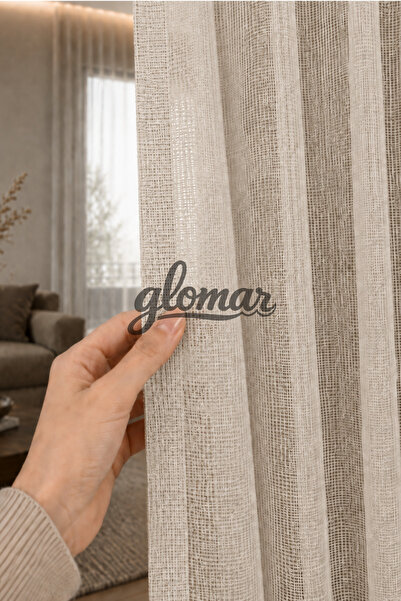 GLOMAR Petek Desenli Bej Tül Perde 1/3 SIK PİLELİ Salon Oturma Odası Korniş D...