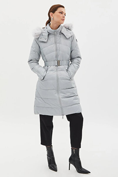 Kayra Removable Hooded Goose Feather Coat Light Gray