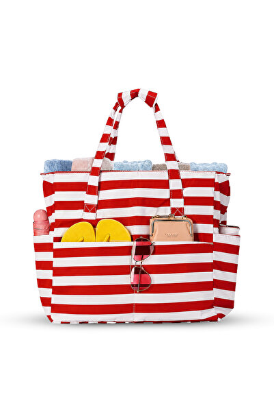 woys 🌞   Premium Large Size Red Striped Women's Beach Bag |   Waterproof, Mu...