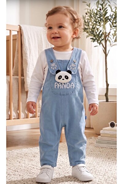 ALTINTAŞ BABY Knitted Denim Fabric with Panda Figure, Seasonal 2-Piece Salope...
