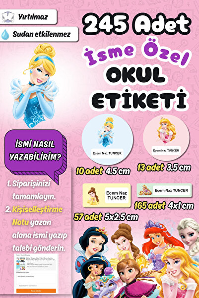 Sticker Ekspres Okul Etiketi Prenses Temalı Kalem Defter Etiketi Özel İsim Ya...