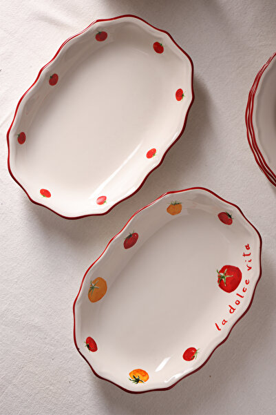 Rakle x Bengi Kurtcebe Pomodoro Stoneware 2'li Kayık Sunum Tabağı Seti 25 cm