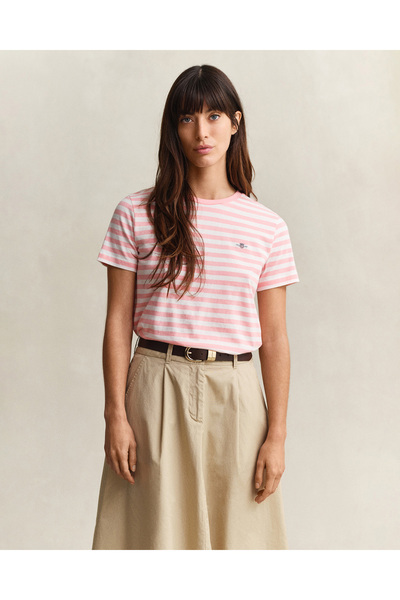 Gant Kadın Pembe Bisiklet Yaka Regular Fit Çizgili T-Shirt