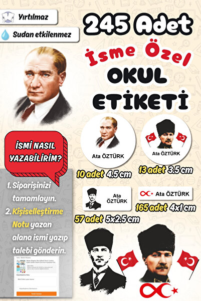 Sticker Ekspres Okul Etiketi Atatürk Temalı Kalem Defter Etiketi Özel İsim Ya...