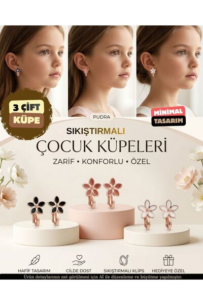 ZERİUM Non-Perforated Compressed Girls' Earring Set with 3 Enamel Flower Mode...