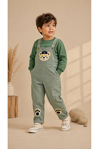 NOTA KİDS Boy's Teddy Bear Embroidered Gabardine Salopet Set – 2-Piece Set wi...