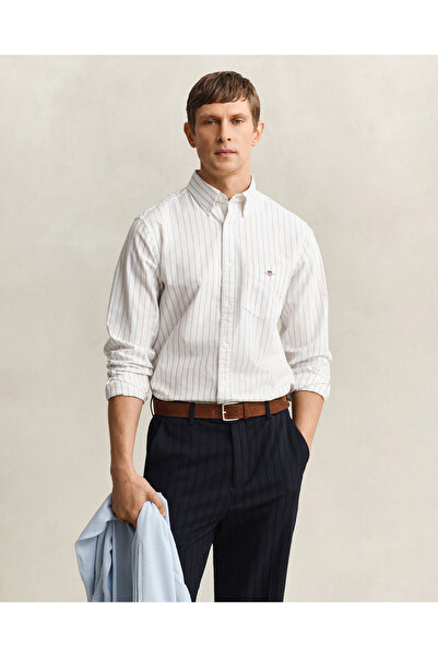 Gant Erkek Beyaz Regular Fit Çizgili Logolu Gömlek