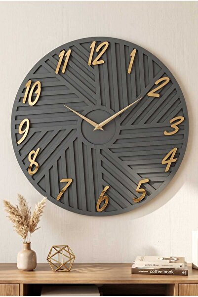 Mitra Dekor Geometrik Çizgili - Grafiti Gri & Gold - 50cm Duvar Saati