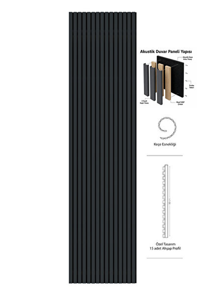 Akupanel Plus 60x245 Cm Antrasit Renk Akustik Ahşap Duvar Paneli