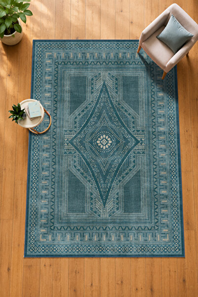 Olden Rug Petrol Mavisi Etnik Geometrik Desenli Dokuma Taban Kaymaz Yıkanabil...