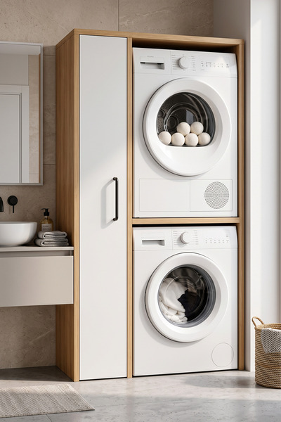 Canisa Naome Beyaz Meşe Çift Katlı Çamaşır Makinesi Dolabı Çok Amaçlı Banyo D...