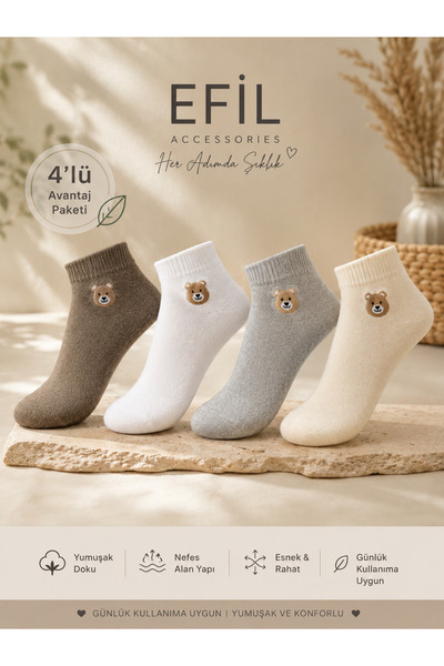 EFİLACCESSORİES 4 Pack Bear Women/Girls Socks