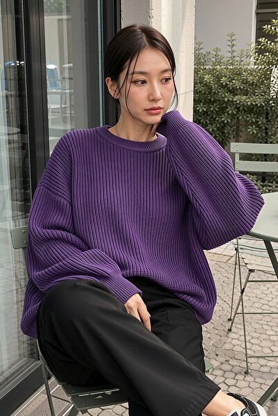 Abruzzo Purple Crew Neck Oversize Women's Knitwear Sweater
