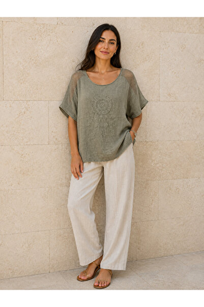 AGORATEKSTİL Women's Linen Cotton Fabric Oversized Loose Blouse 44-48