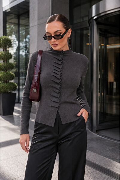 ŞİMAL Women's Stand Collar Front Ruffle Detailed Button Closure Knitwear Card...
