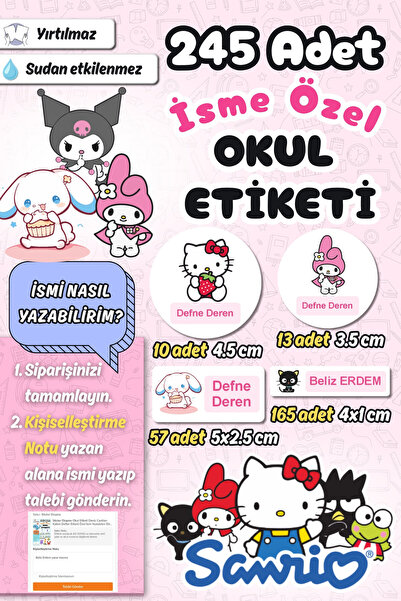 Sticker Ekspres Okul Etiketi Sanrio Temalı Kalem Defter Etiketi Özel İsim Yaz...